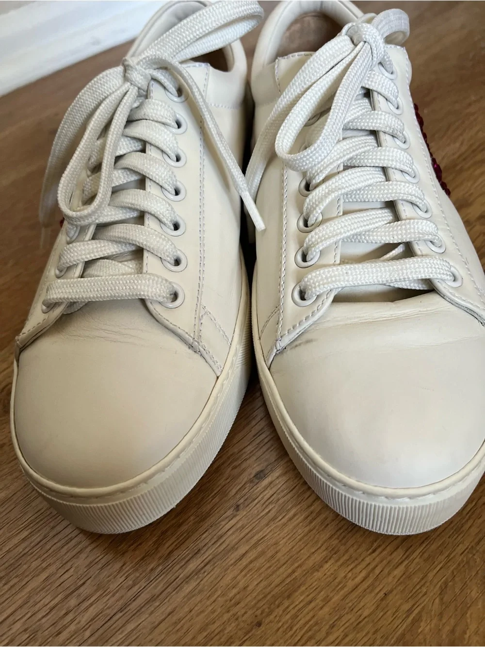 Stuart Weitzman White Leather Sneakers with Red and Pink Crystal Heart Accents